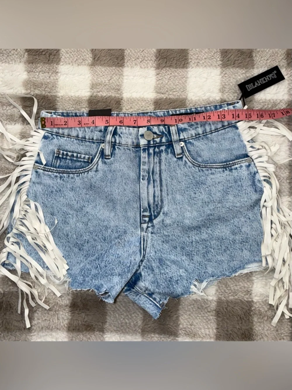 Blank NYC Light Blue Acid-Wash Denim Cutoff Shorts with Fringe - Picture 7 of 9